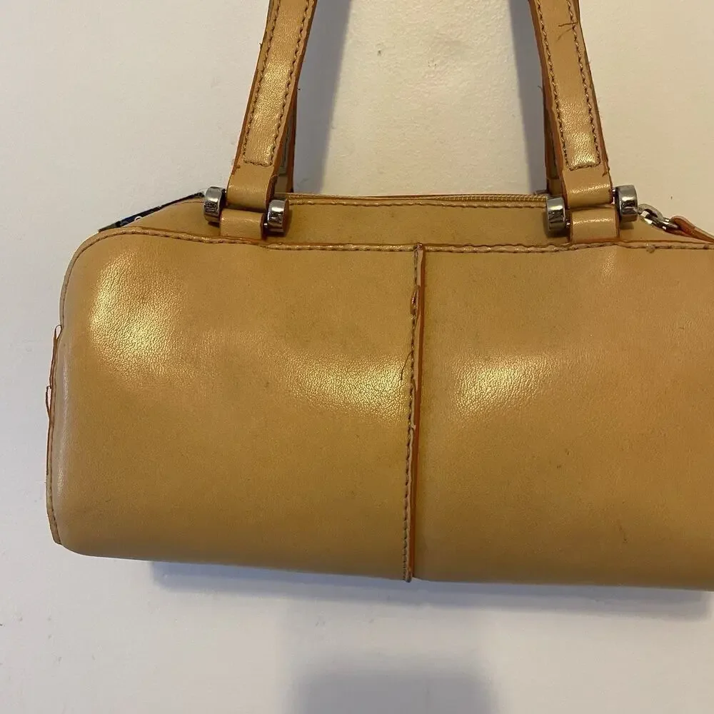 Rare Geoffrey Beene Stimulated Leather Barrel Handbag Bag Beige Shoulder Strap